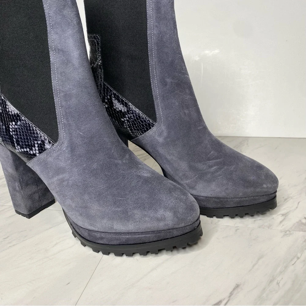 All Saints Sahara Gray Suede Snakeskin Heeled Boot 11 - Picture 12 of 16